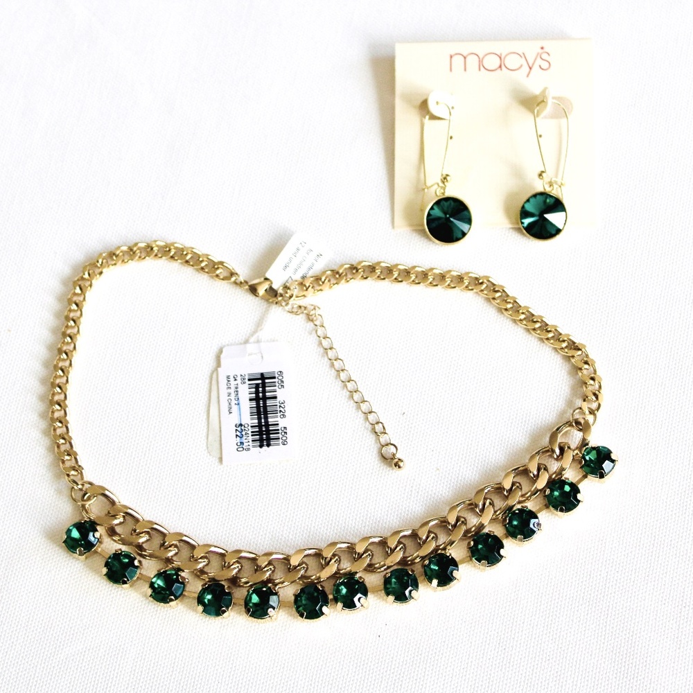 Gold-tone and Green Rhinestone Necklace and Drop Earrings